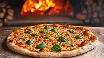 Freshly baked pizza with basil in front of a wood-fired oven. photo
