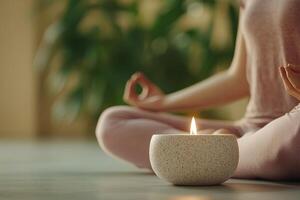 Meditative pose with candle, promoting relaxation and mindfulness. photo
