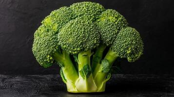 Fresh broccoli bunch on a dark background, highlighting its texture. photo