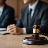 Professional legal setting with a gavel and focused individuals. photo