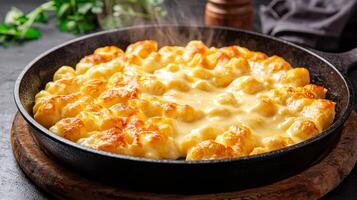 Delicious cheesy dish in a skillet, steaming hot and appetizing. photo