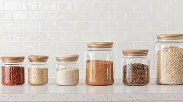 Glass jars filled with various grains lined up on a countertop. photo