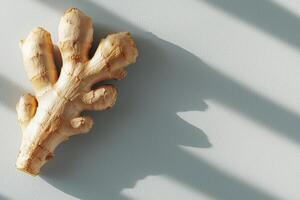 Ginger root casting a shadow on a textured surface. photo