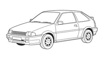 A small car is drawn in black and white vector