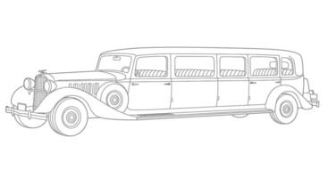 An old car is drawn in a line drawing vector