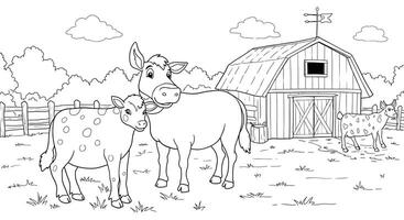 A farm scene with two cows and a barn vector