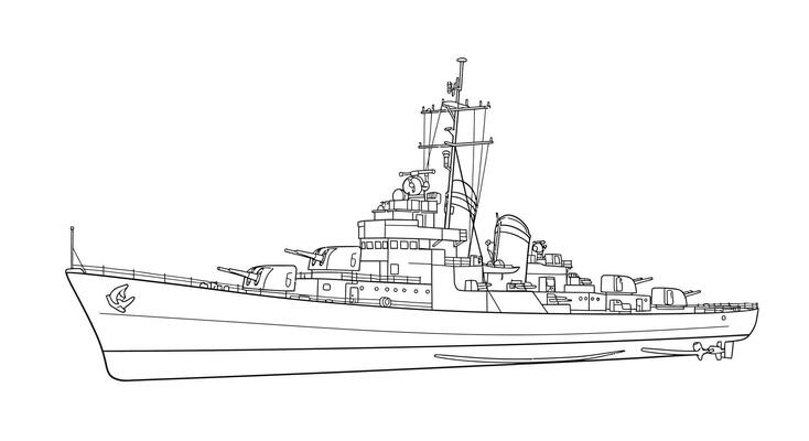 A drawing of a large ship on a white background