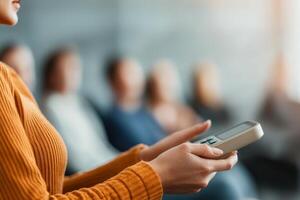 Person holding a smartphone, with blurred audience in the background. photo