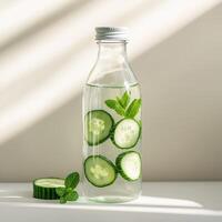Refreshing water with cucumber and mint in a glass bottle. photo