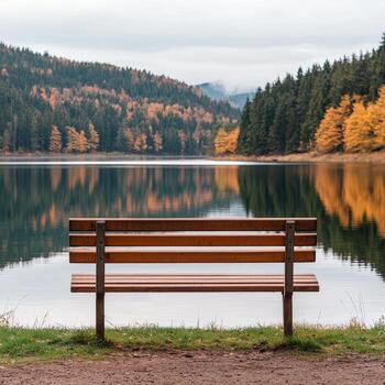 Serene lake view with a wooden bench and autumnal trees reflected in water. photo