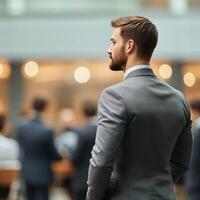 A man in a suit looks away at a busy networking event. photo
