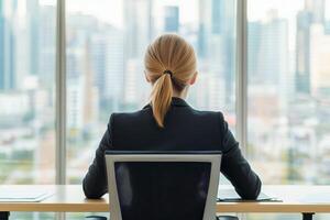 Business professional overlooking a city skyline from an office. photo