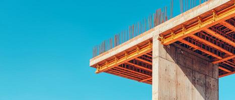 Construction site with concrete structure under a blue sky. Entrepreneurial mindset risk taking. photo