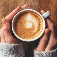 Warm coffee in cozy hands with steam rising. photo