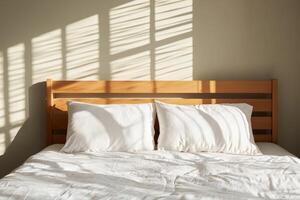 Bright bedroom with natural light and shadow patterns on the bed. photo