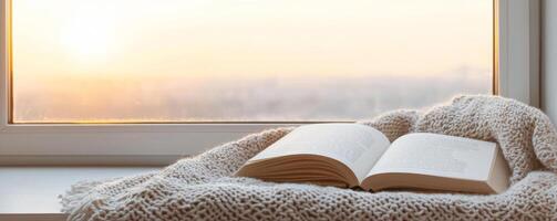 Cozy scene with an open book by the window at sunrise. photo