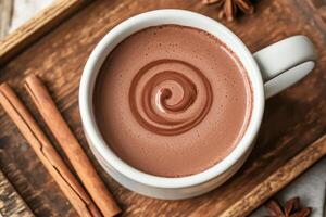 Rich hot chocolate topped with a swirl of chocolate and cinnamon sticks. photo