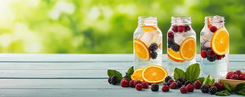 Refreshing infused water in jars with oranges and berries on wooden surface. photo