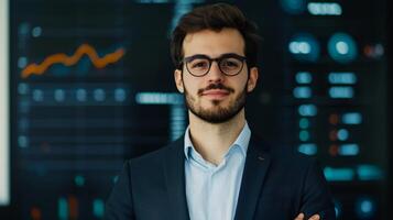 Professional man in glasses standing confidently in a tech environment. photo