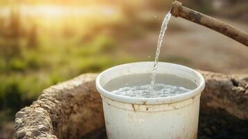Water flowing from a pipe into a bucket by a well in nature. photo