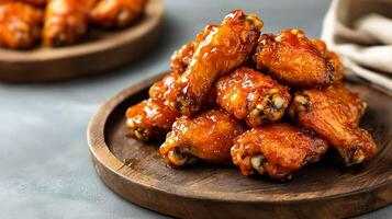 Delicious glazed chicken wings on a wooden plate. photo
