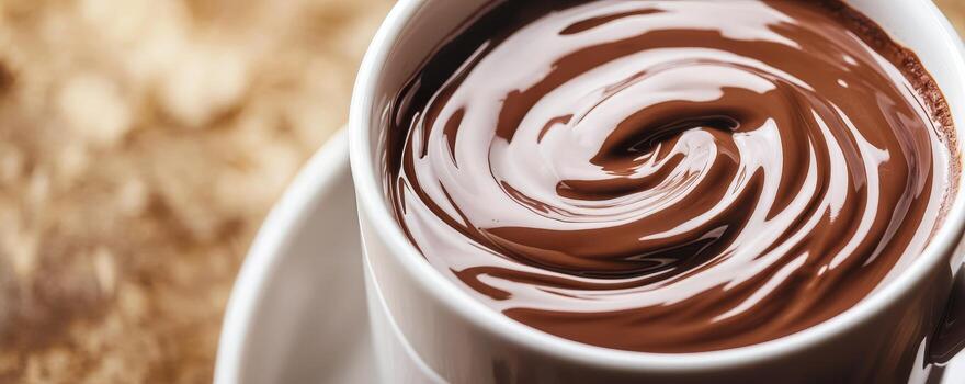 Rich chocolate drink swirling in a white cup on a textured background photo