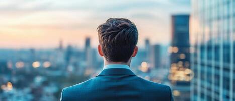 Man in a suit looking out over a city skyline at sunset. Entrepreneurial mindset risk taking. photo
