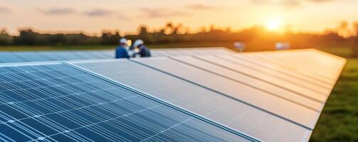 Technicians inspecting solar panels at sunset. photo