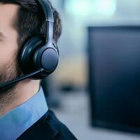 Professional wearing headset in a modern office setting. photo