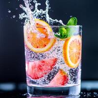 Refreshing drink with citrus garnishes splashing in sparkling water. photo