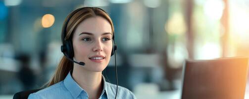 Professional woman in headset smiling at a computer screen. photo