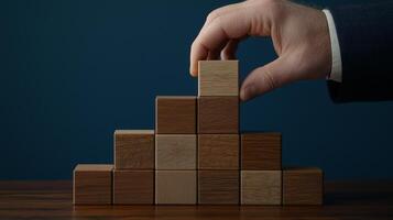 Building blocks arranged in a pyramid with a hand placing the top block. photo