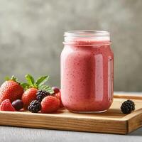 Fresh berry smoothie in a jar beside assorted berries on a wooden board. photo
