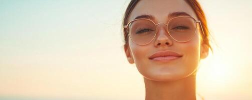Sun-kissed woman in glasses with a serene expression at sunset. photo