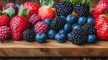 Colorful assortment of fresh berries on a wooden surface. photo