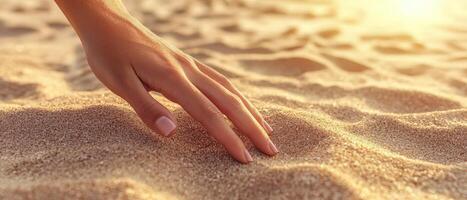A hand touches soft sand by the water's edge at sunset. photo