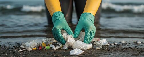 Cleaning plastic waste from the beach with protective gloves. photo