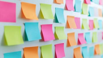 Colorful sticky notes arranged on a wall for brainstorming or planning. photo