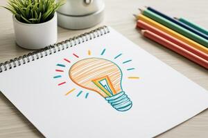 Colorful light bulb sketch with pencils and a plant on a desk. photo