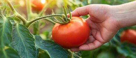 Hand picking a ripe tomato from a lush green garden. photo