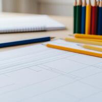 Stationery with colored pencils and design sketches on a workspace table. photo