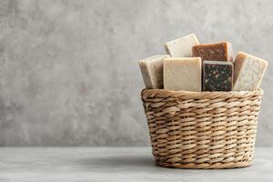 Basket filled with assorted natural soap bars on a textured background. photo