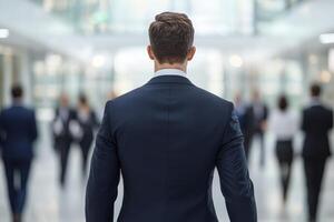 Businessman walking in a corporate setting, blurred figures behind him. photo
