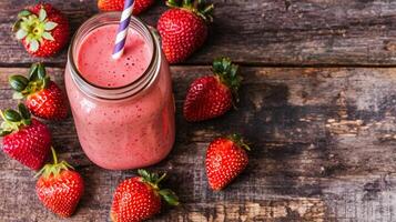 Fresh strawberry smoothie in a jar surrounded by berries on wooden table. photo
