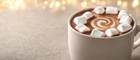 Hot chocolate topped with marshmallows against a festive background. photo
