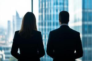 Two business professionals looking out of a skyscraper window. photo