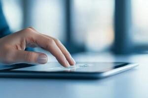 Hand interacting with a tablet in a modern workspace. photo