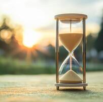 Hourglass at sunset symbolizes the passage of time and reflection. Time management work life balance motivation. photo