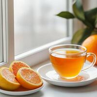 Warm tea with orange slices by a bright window scene. photo