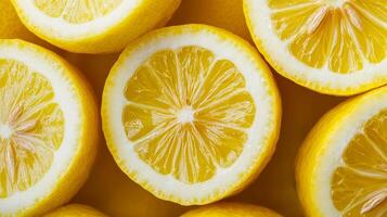 Sliced lemons arranged on a vibrant yellow background. photo